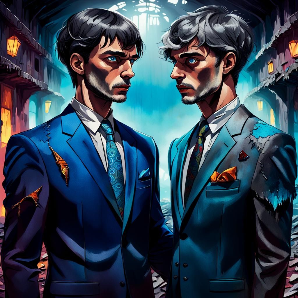 Surreal Men Holding Hands in Destroyed Hall