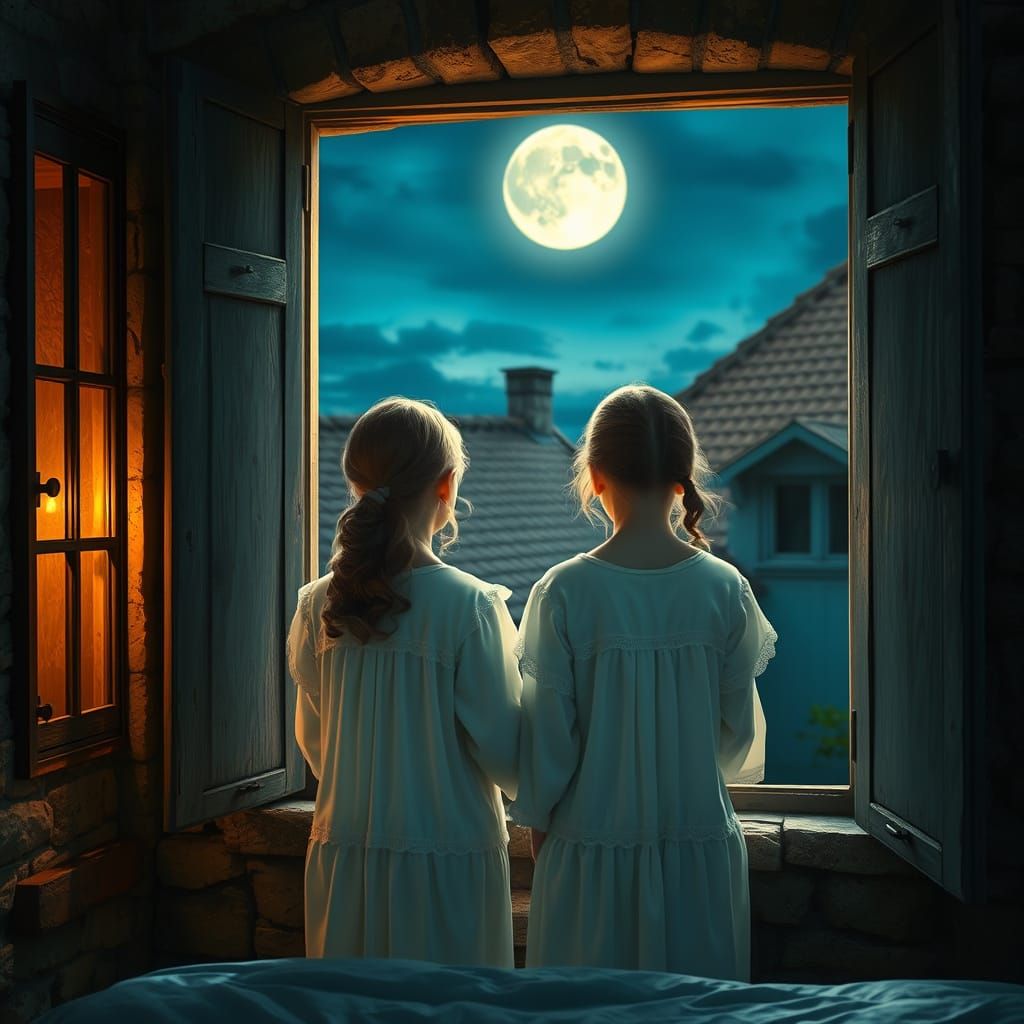 Elegant French Village Girls Gaze Out at Moonlit Night in Dr...