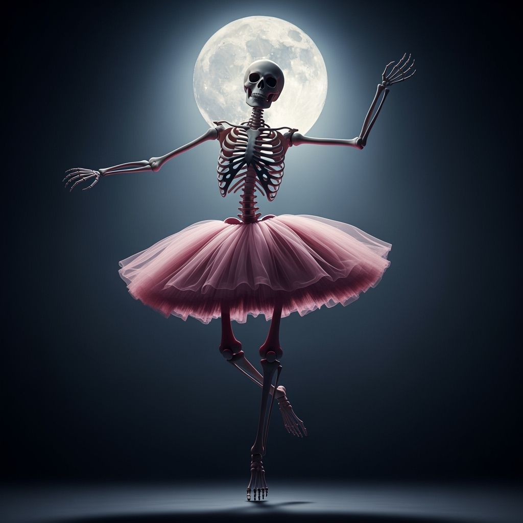 Skeleton Dancer in Pink Tutu Under Full Moon