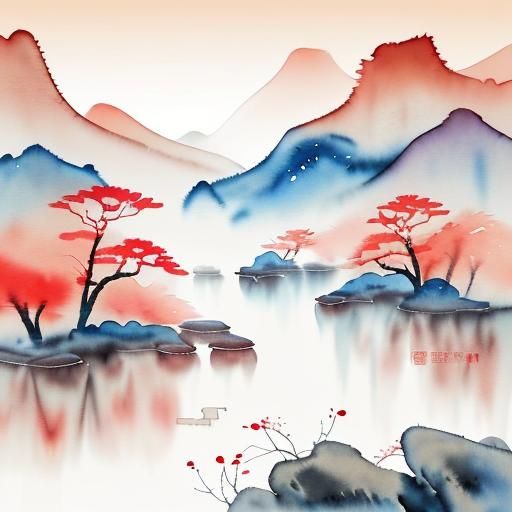 Lunar New Year Watercolor Landscape in Chinese Art Style