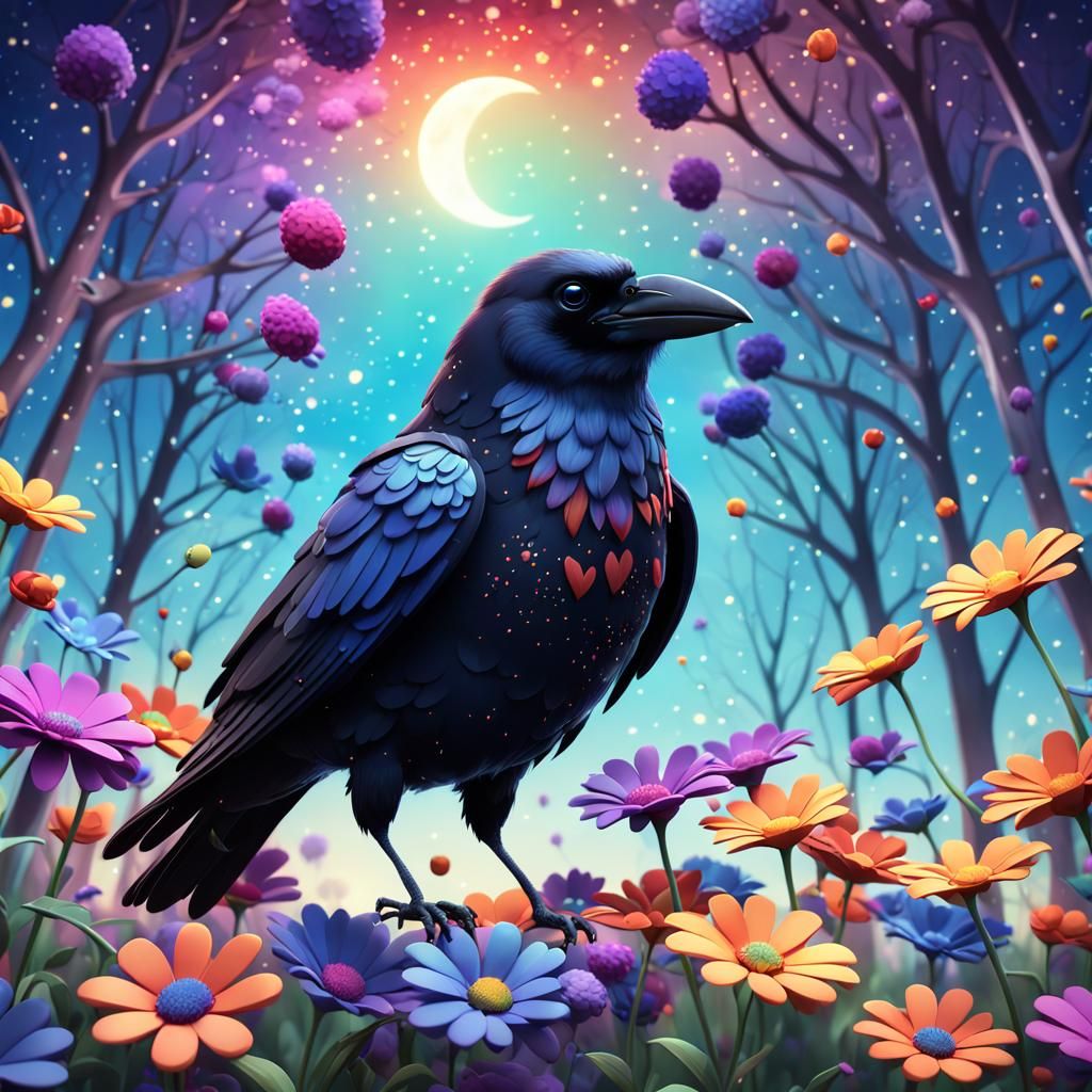 Cute Crow with Flowers in Wonderland Style