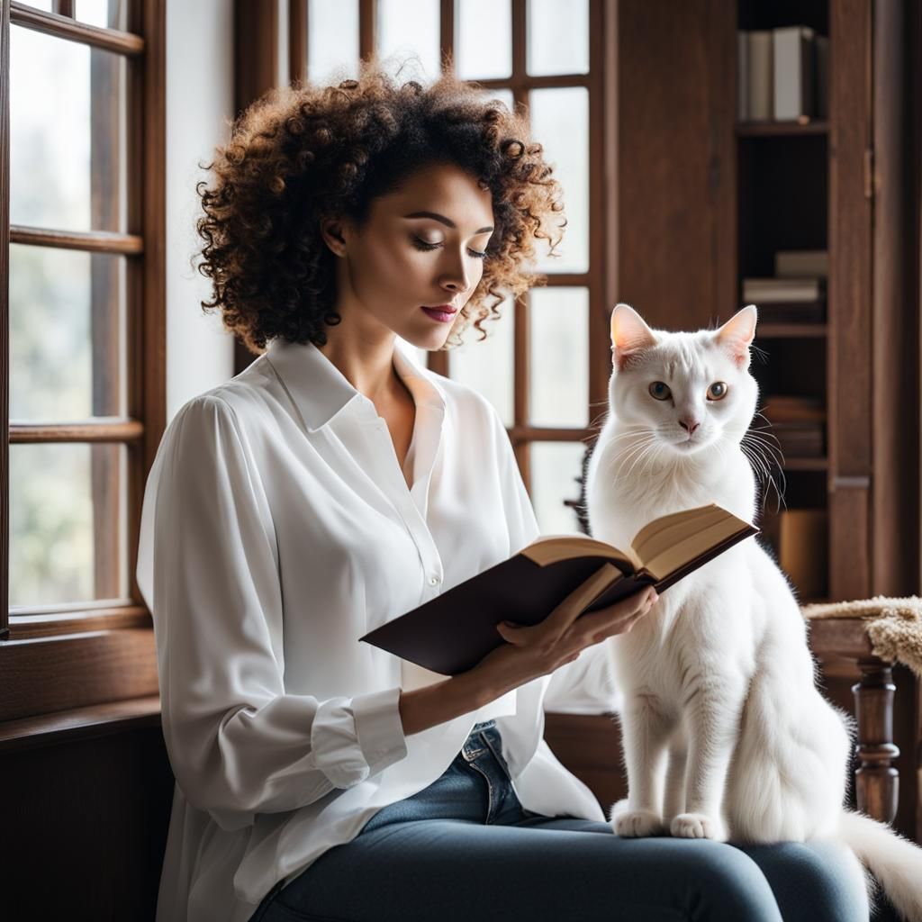 Woman Reading with Cat by Window