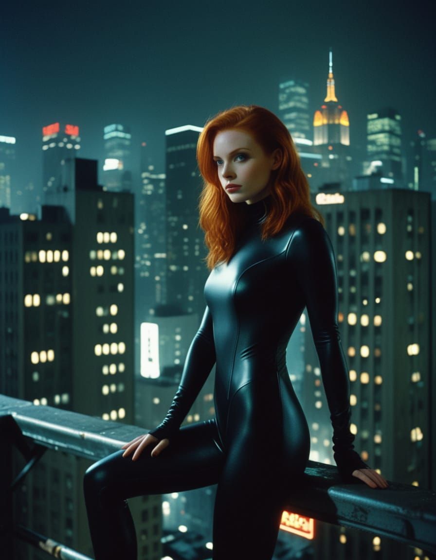 Redhead in Catsuit Surveys Cyberpunk Metropolis