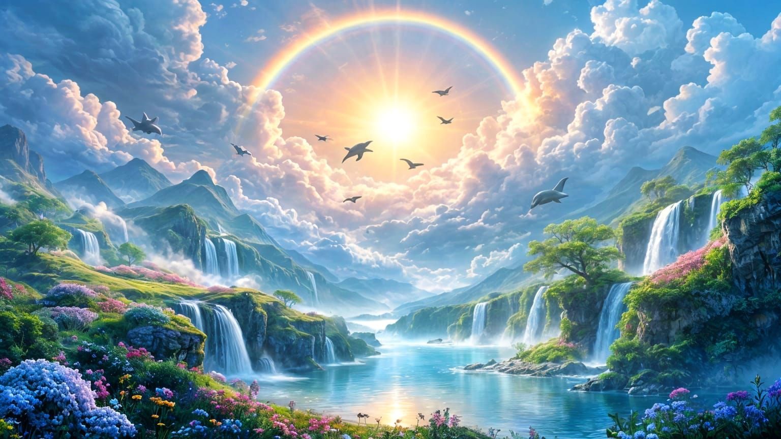 Ethereal Heaven Scene with Waterfalls, Flowers, and Majestic...