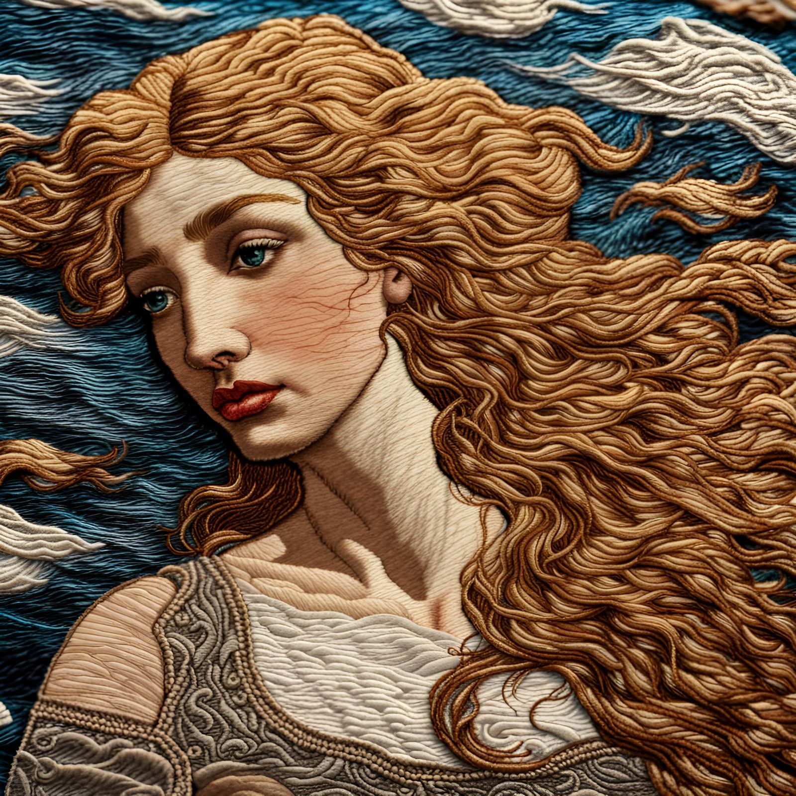 Birth of Venus: Textured Embroidery Mixed-Media Artwork