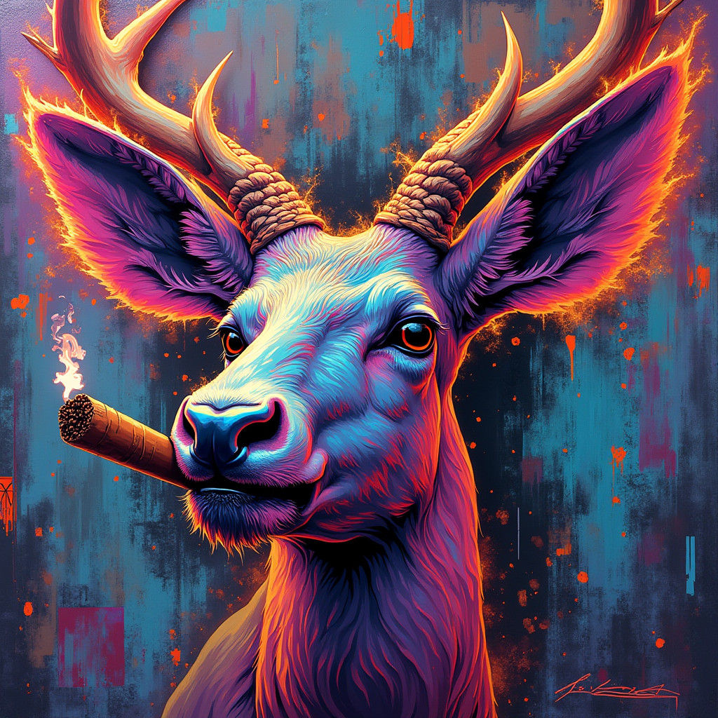 Neon Springbok Smoking Cigar in Urban Graffiti Style