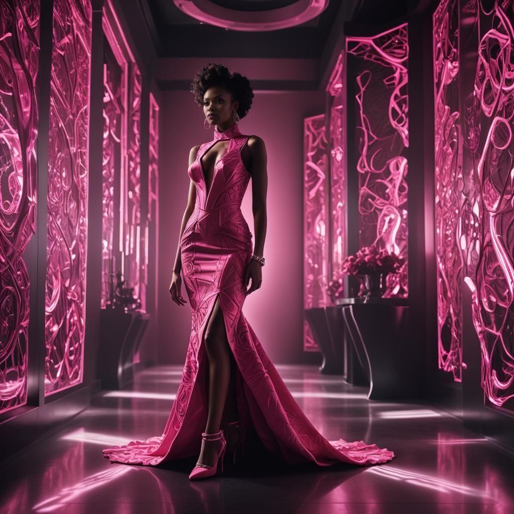Futuristic Black Woman in Pink Dress, Hyperrealistic