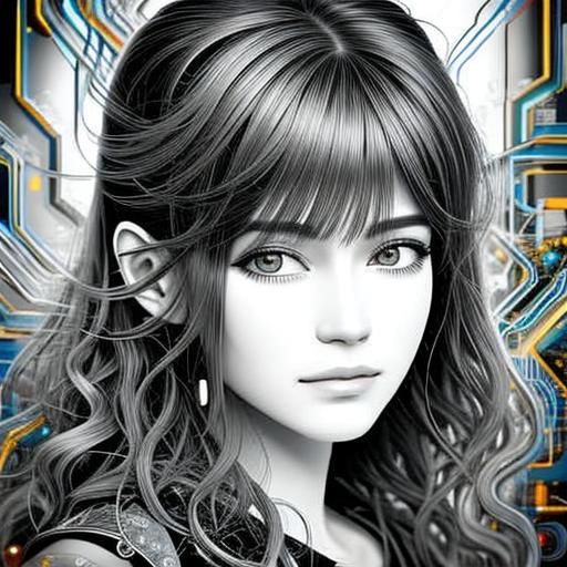 Abstract Circuit Woman Portrait in Fantasycore Style