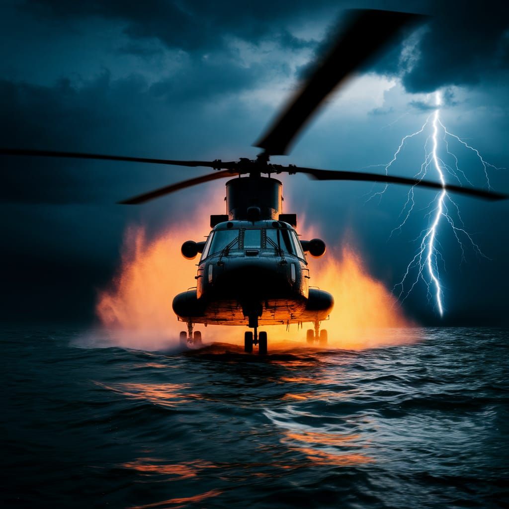 Chinook Helicopter Charges Through Stormy Night Ocean