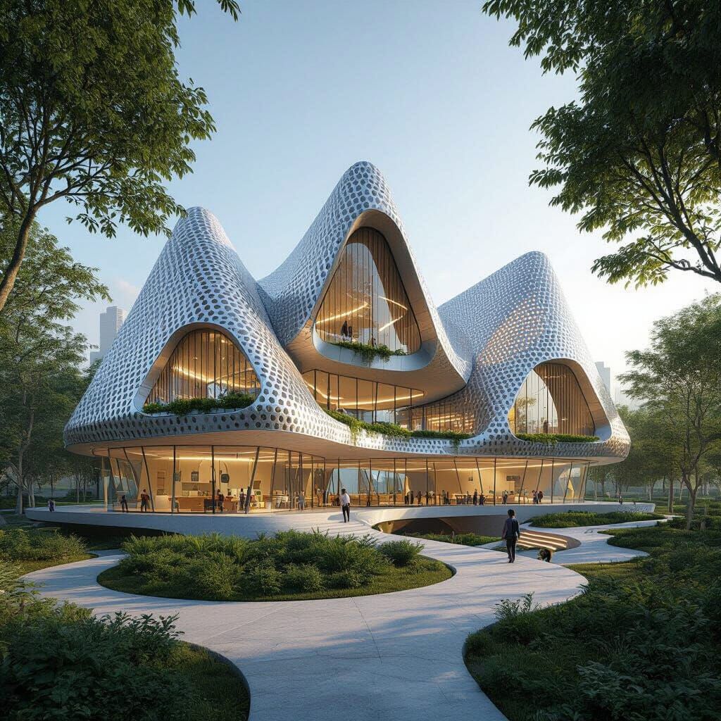 Futuristic Chrome Pyramid School with Intensive Planting