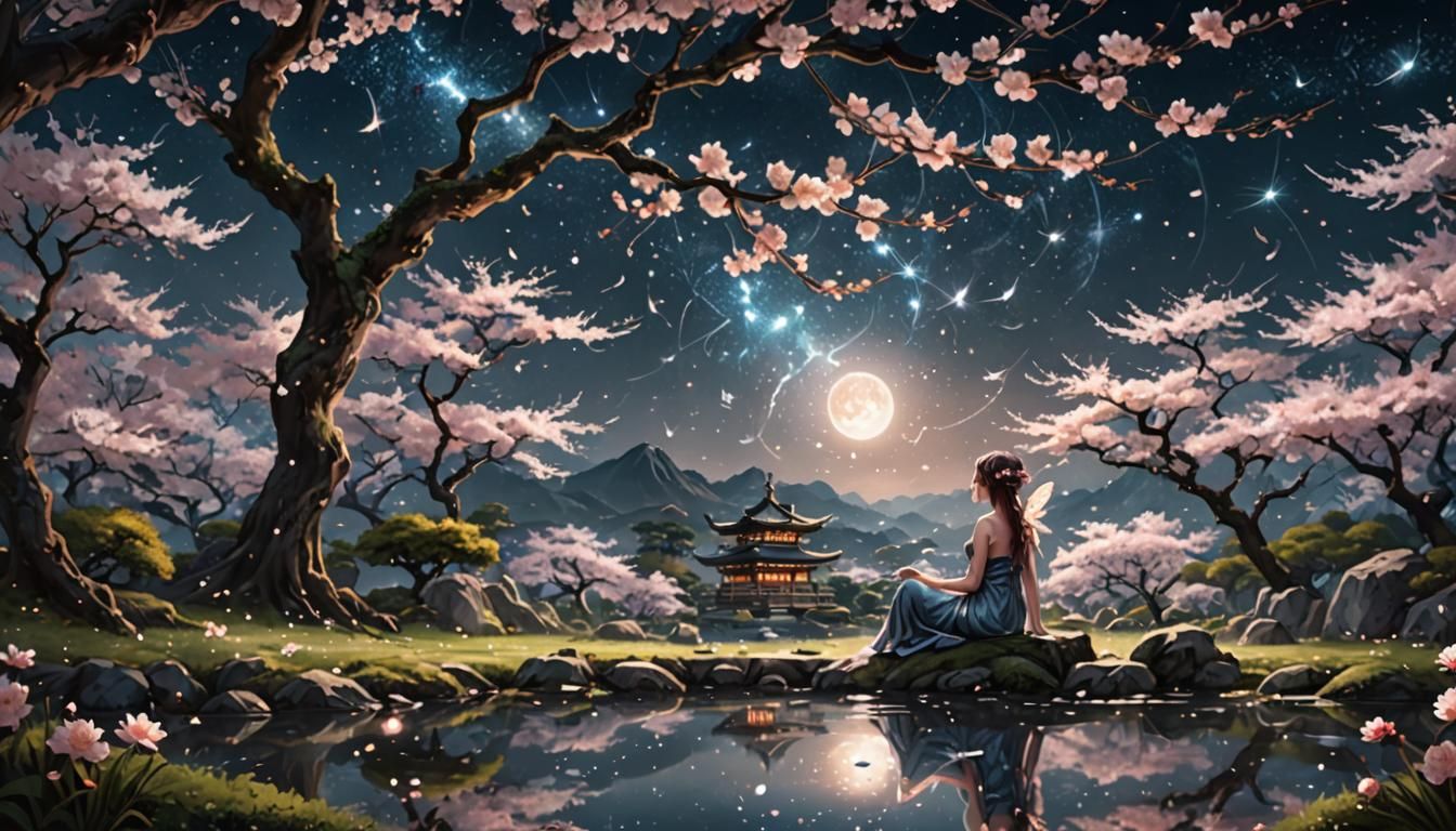 Fairy in Cherry Blossom Garden: Dark Fantasy Art