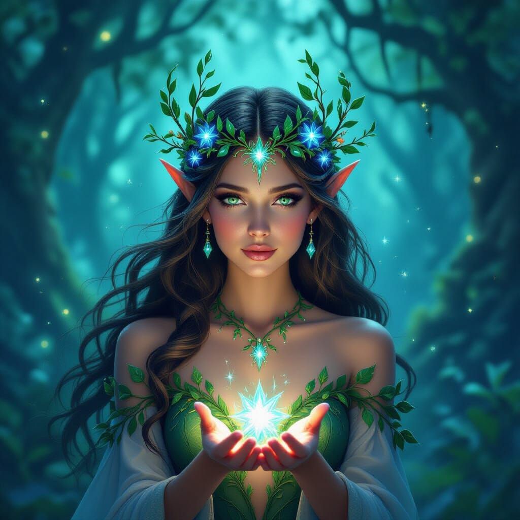 Enchanted Fae Queen in Bioluminescent Forest