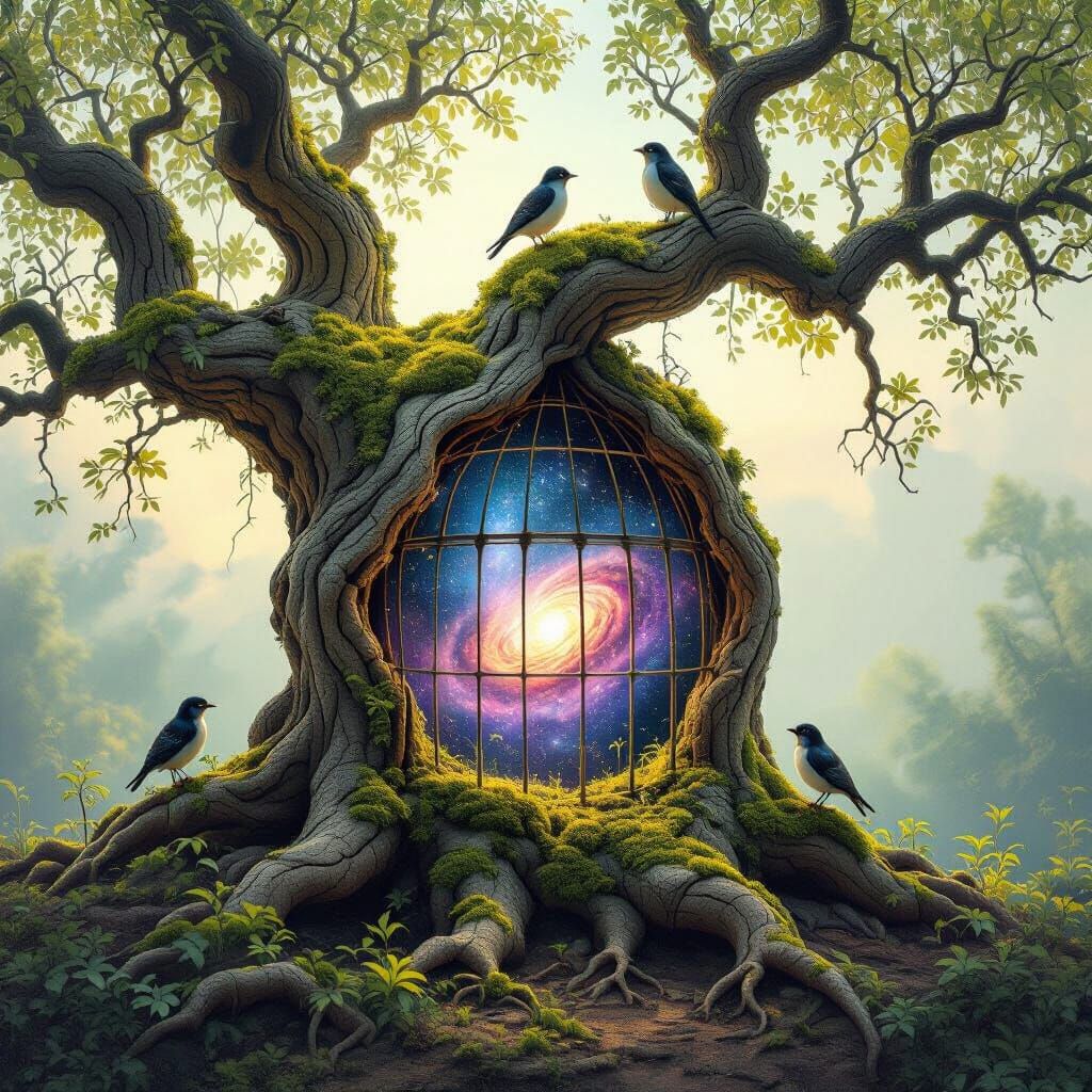 Ancient Tree Birdcage Reveals Galaxy in Dreamlike Realism