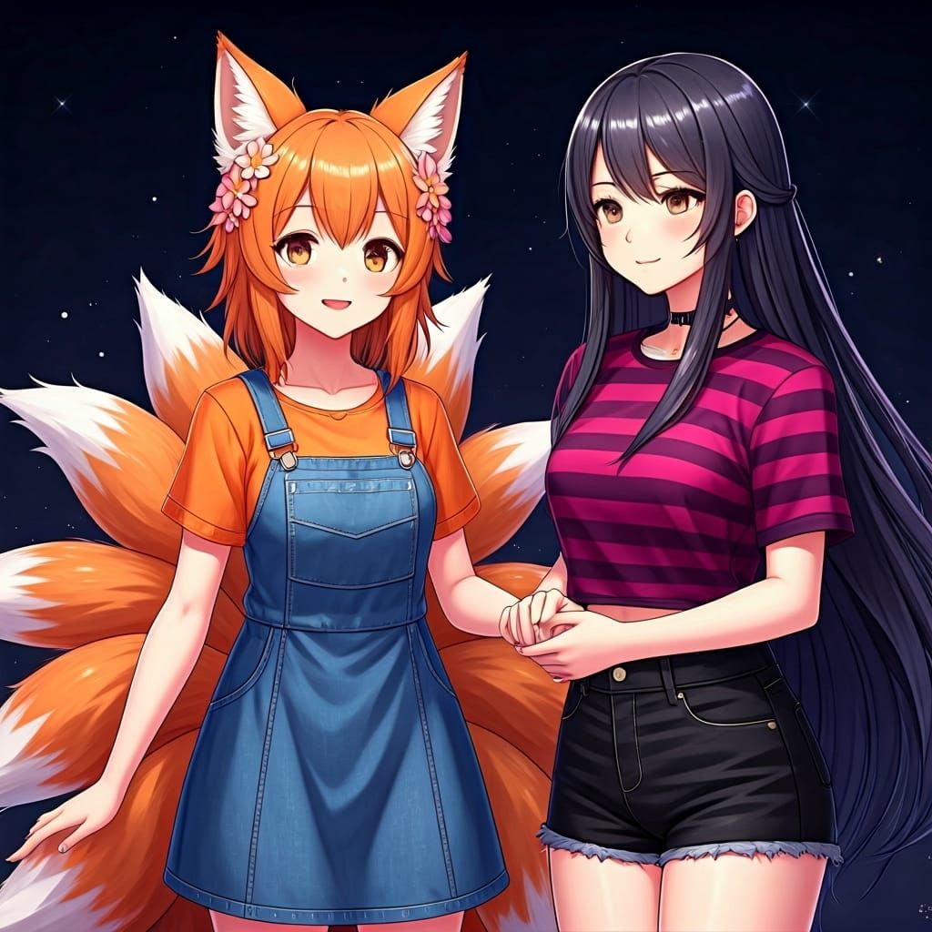 Anime Fox Girl and Friend Holding Hands