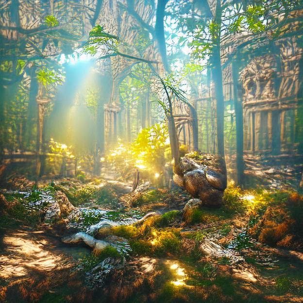 Sunlit Forest Clearing in Matte Painting Style