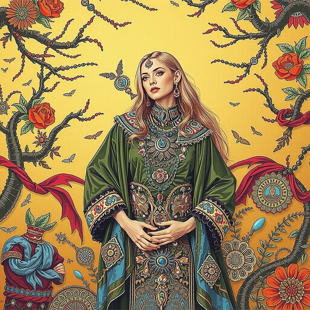 Elegant Woman in Lavish Fabrics: Dramatic Digital Art