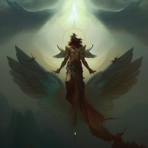 Celestial Angel Warrior Over Fantasy Isles