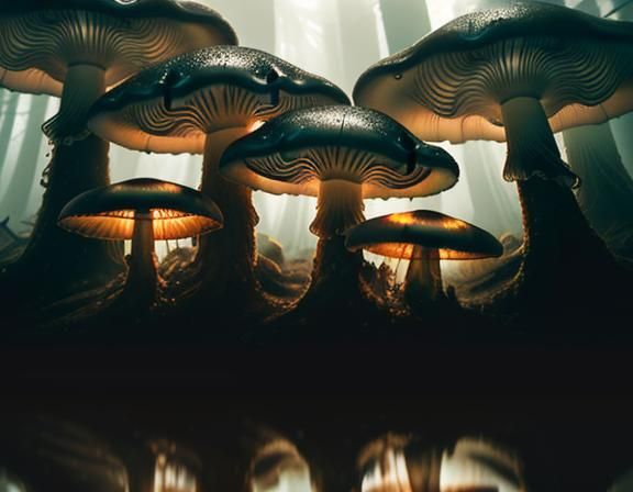 Jellyfish and Toadstools in Misty Forest: Digital Matte Pain...