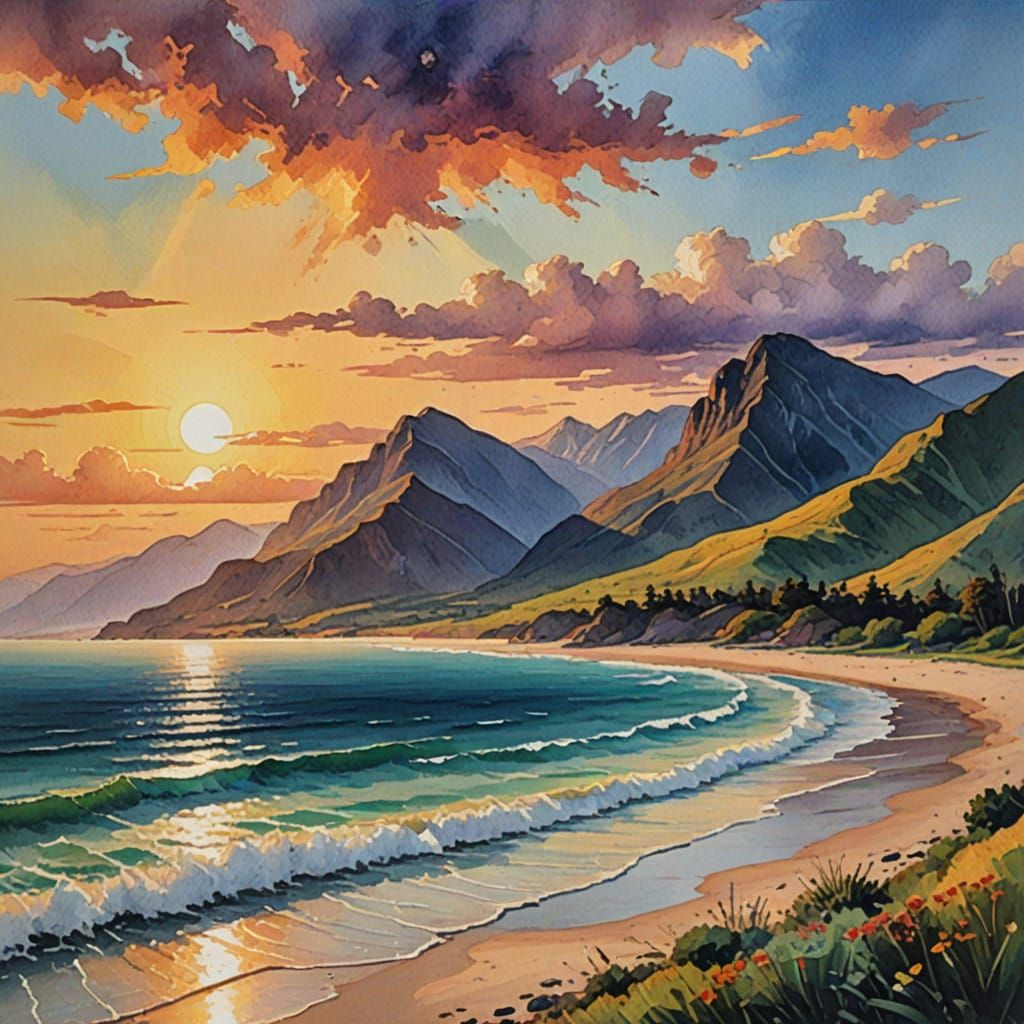 Two part image top half distant mountain terrain the bottom half a beach at sunset