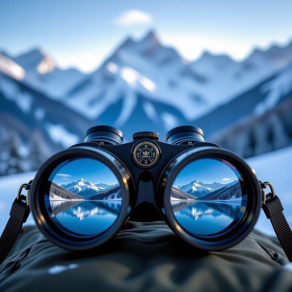 Old Military Binoculars Reflecting Snowy Mountains