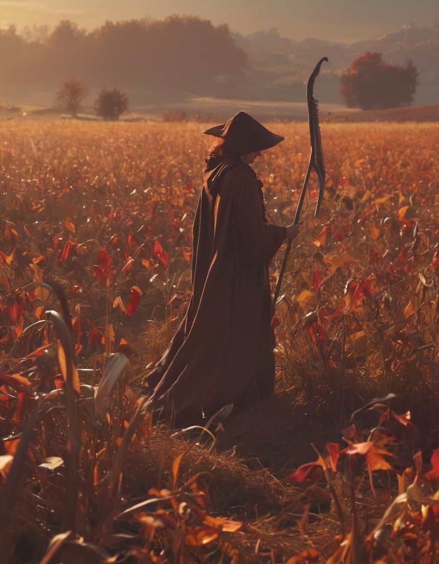 Woman Harvesting Autumn Field, Digital Concept Art