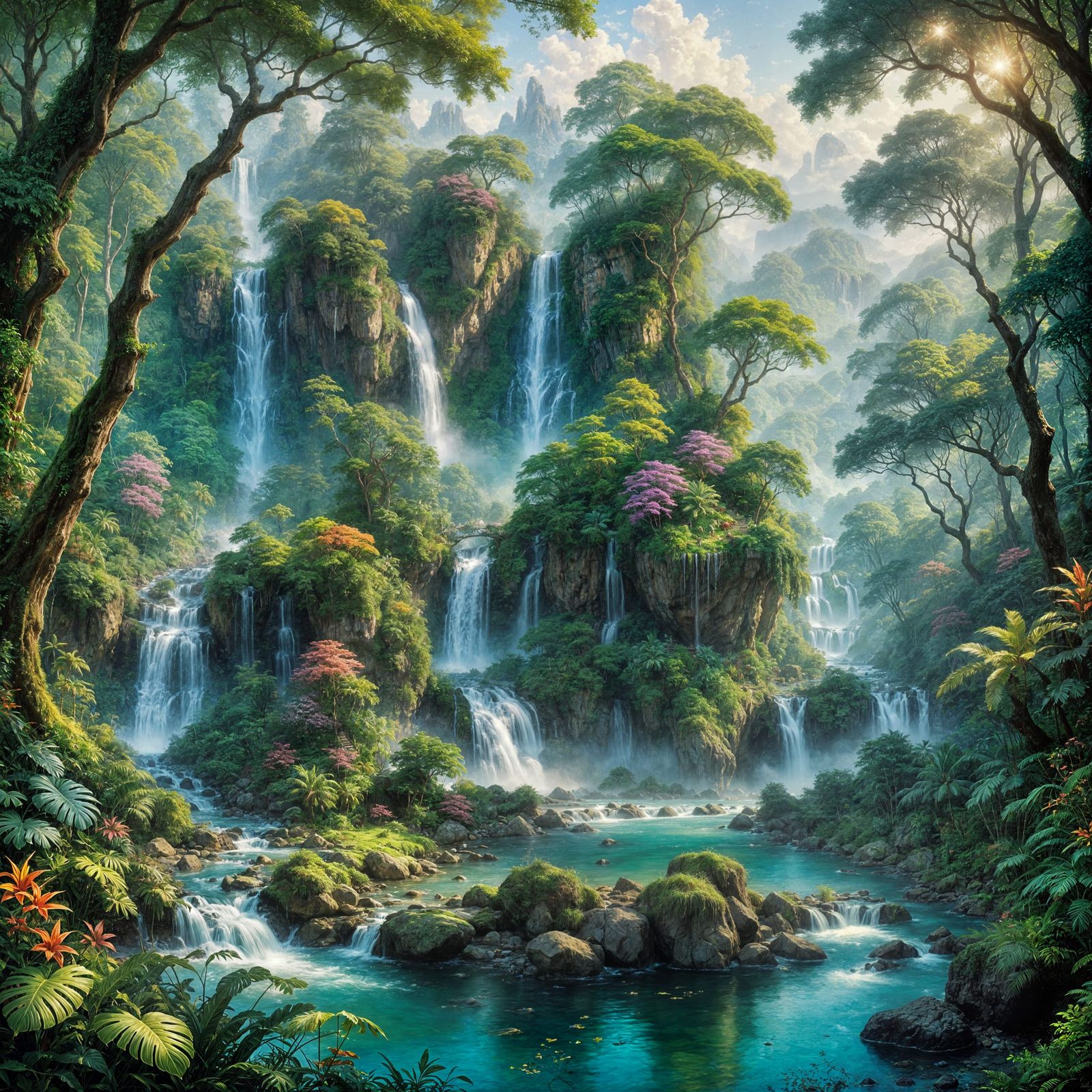 Dreamy Tropical Paradise with Majestic Waterfalls in Etherea...