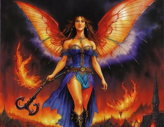 Fiery Fairy in Hellish Landscape, Watercolor and Ink