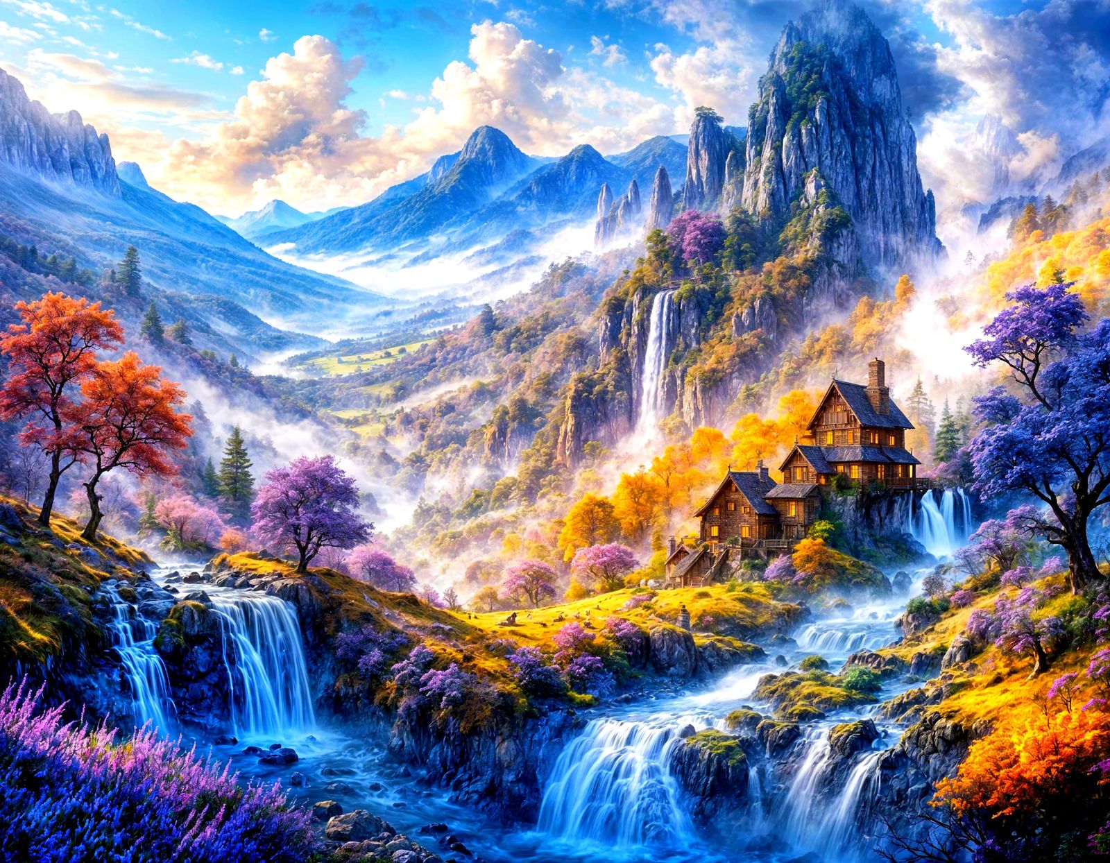 Magical Golden-Purple Mountains and Waterfall Landscape