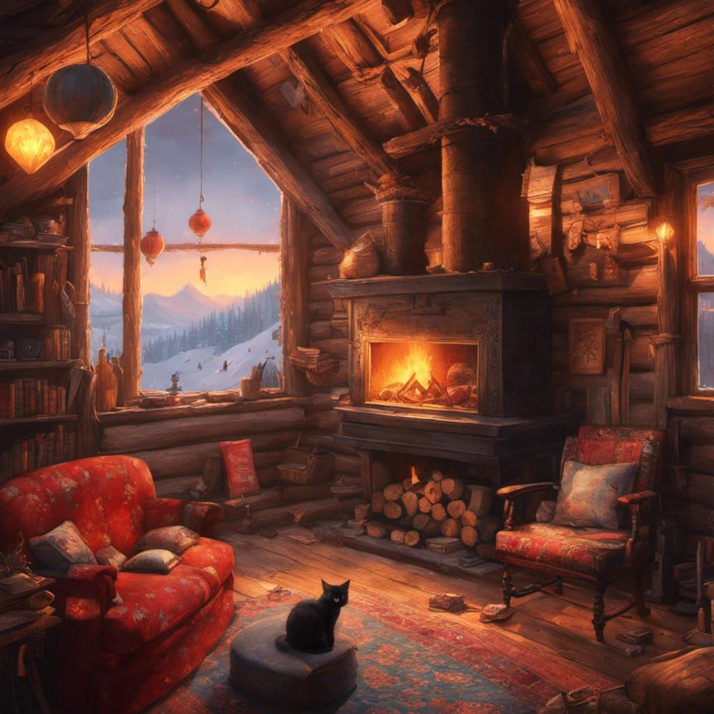 Cat in Cozy Log Cabin with Boho Decor