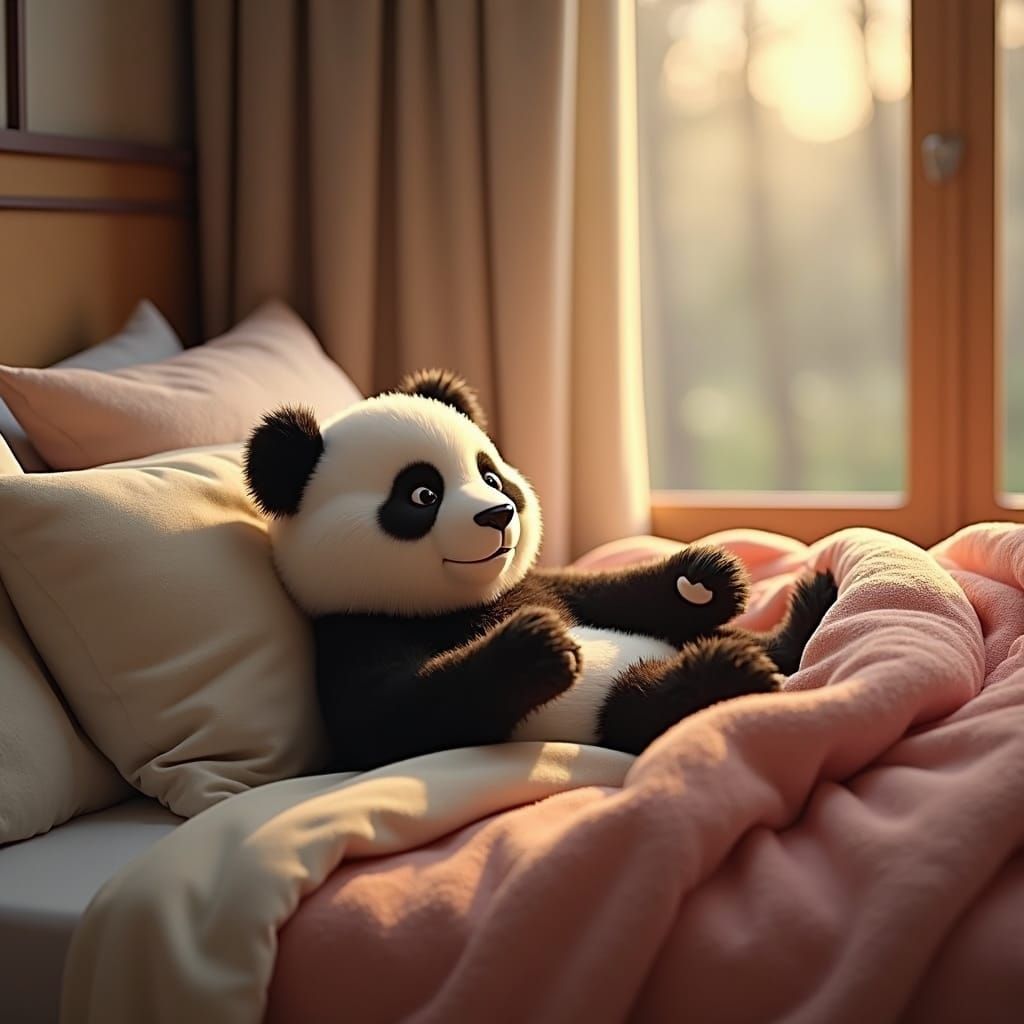 Panda Snuggling into Bed: Fantasy Concept Art