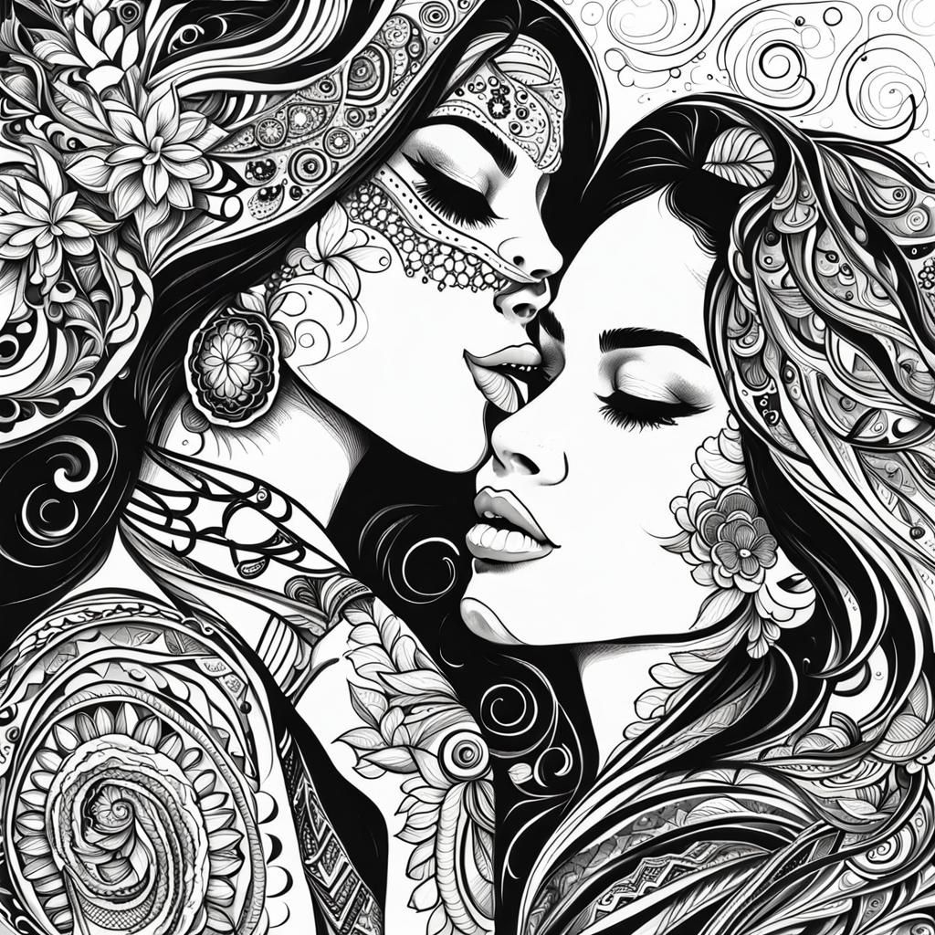 Latina Women Kissing in Black Ink
