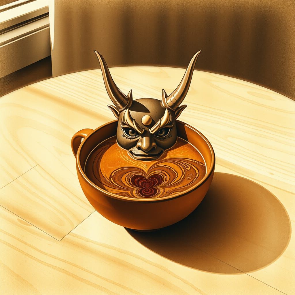 Seen from above, the face of a Japanese tengu demon noh mask...