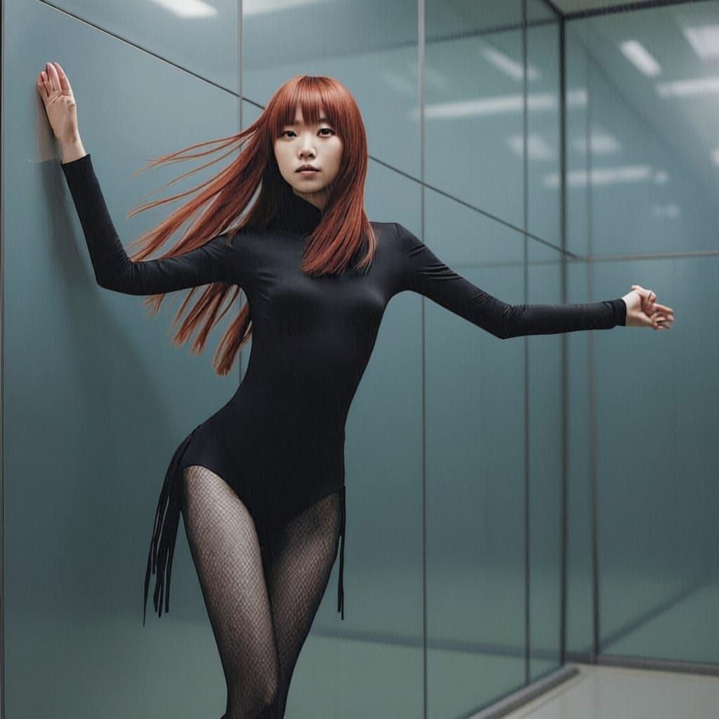 Young Japanese Woman in Scarlet Hair and Black Bodysuit Pose...