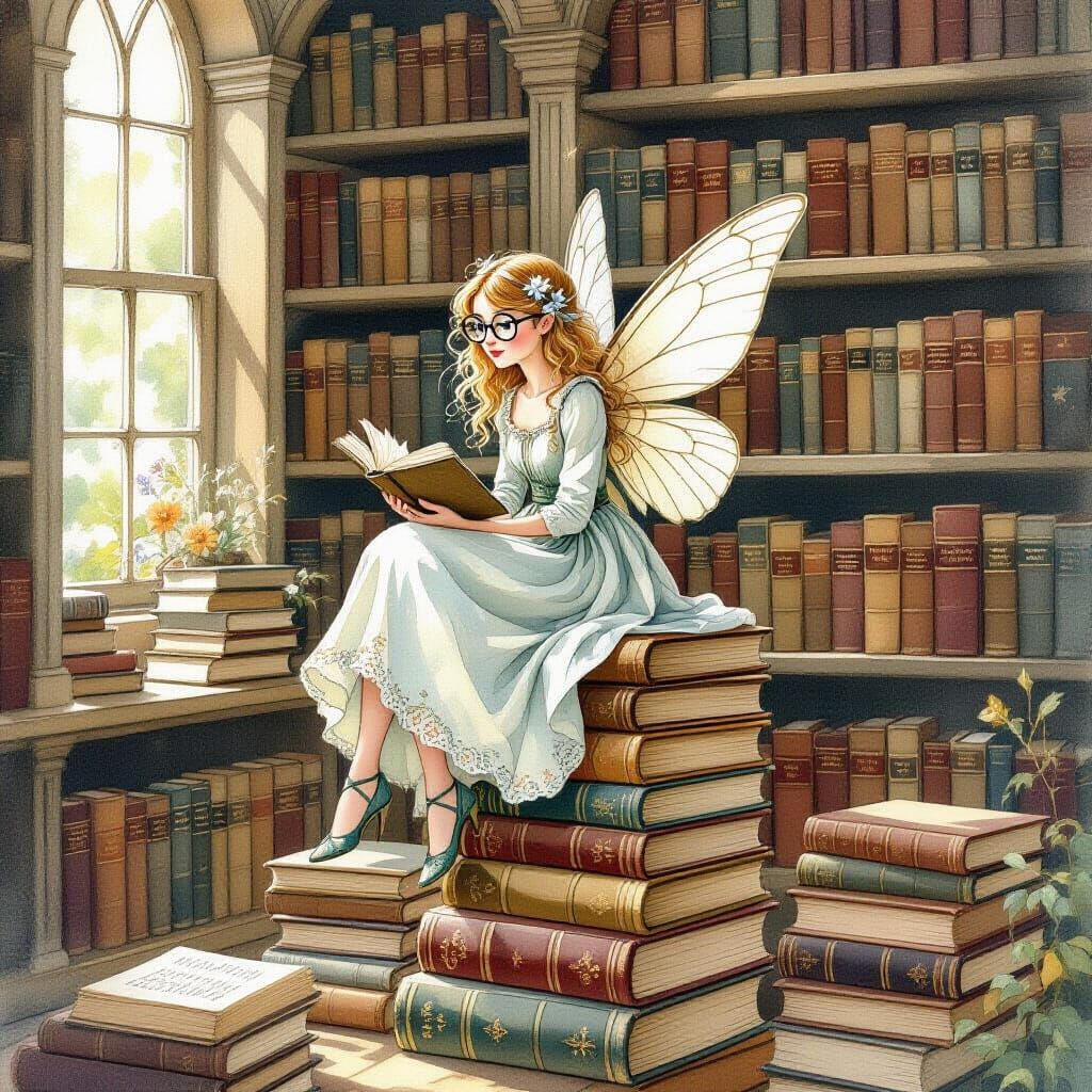 Fairy in Library, Beatrix Potter Style