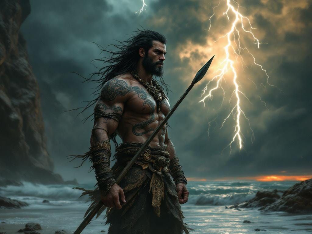 Tribal Warrior on Stormy Beach, Hyper-Realistic