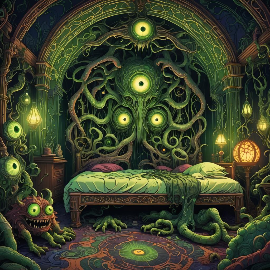 Monsters Under Bed with Glowing Eyes in Art Nouveau