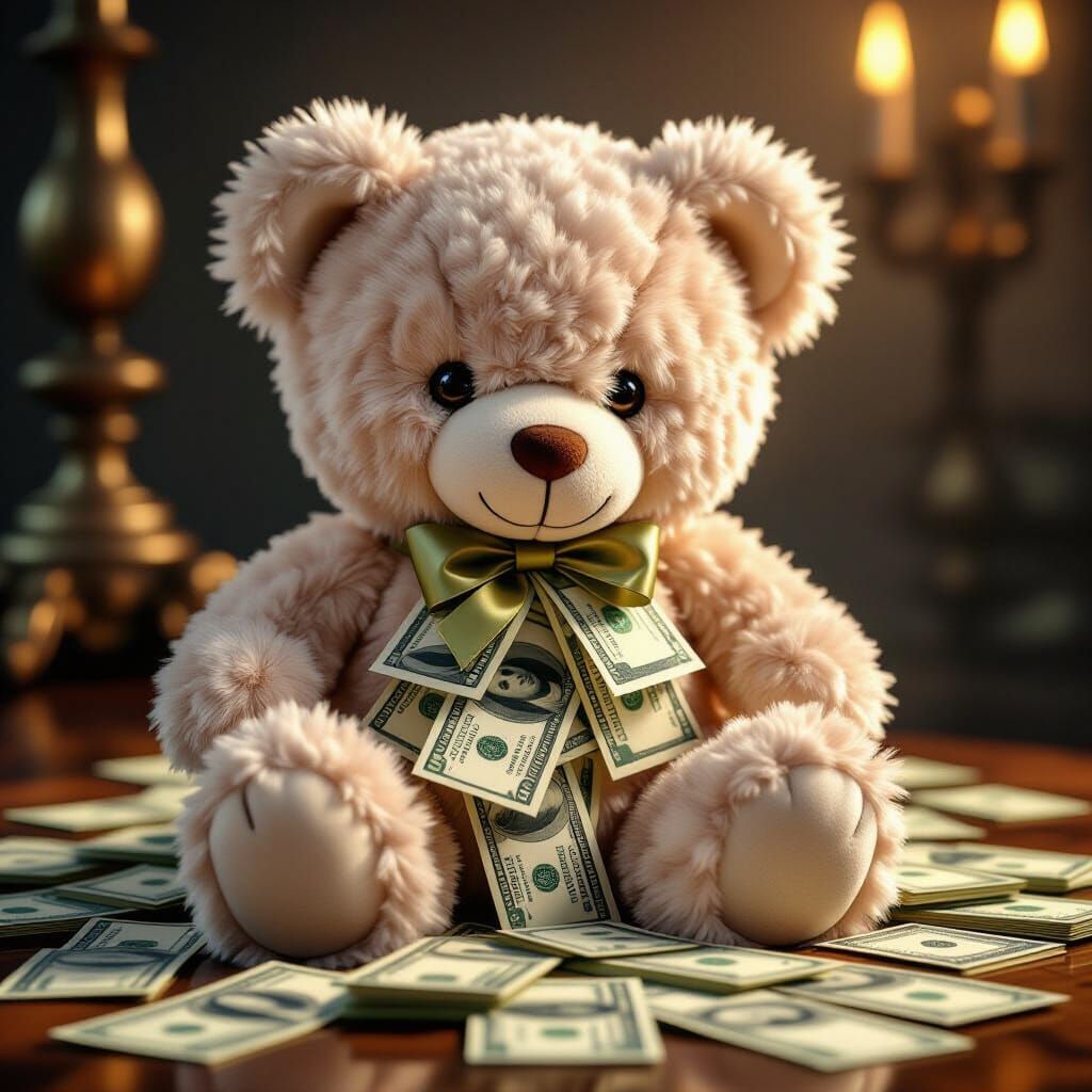 Cute Stuffed Animal Sitting on Pile of Dollar Bills