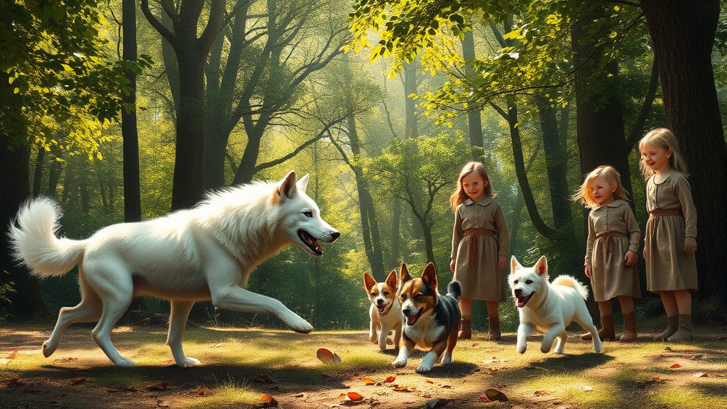 Wolves and Terriers Play in Sun-Dappled Forest