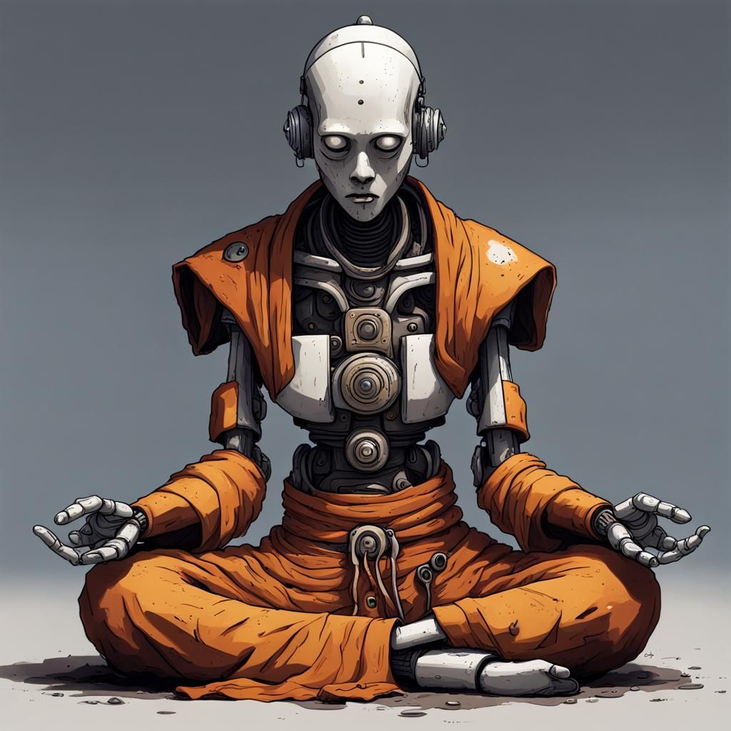 Decaying Robot Monk in Meditation