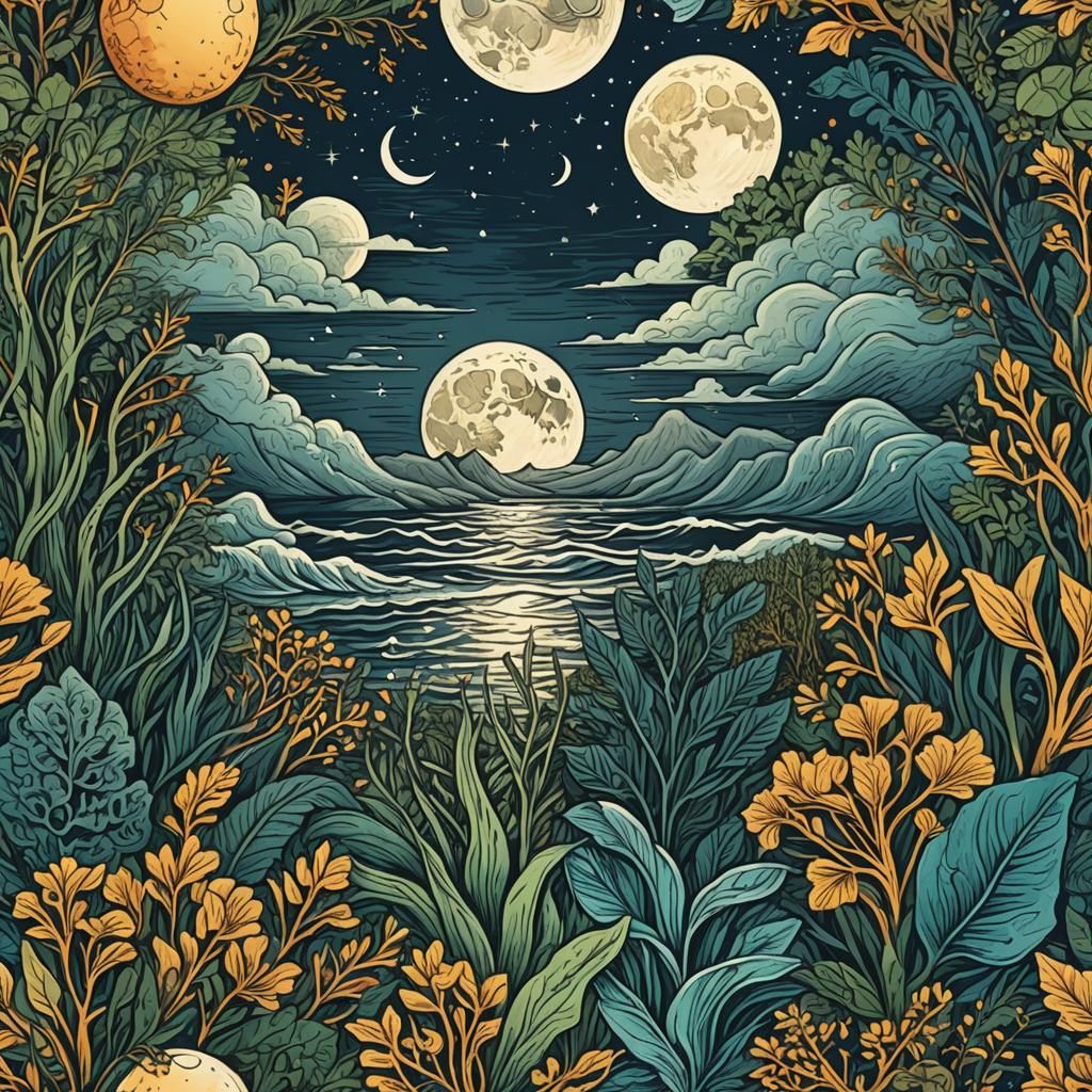 Costa Rican Moonlit Ocean Woodcut in Hyperrealistic Style