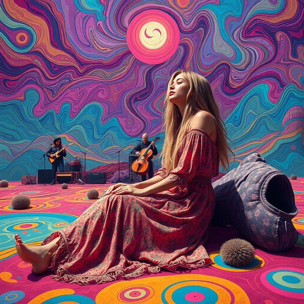 Psychedelic Woman with Band in Dreamy Landscape