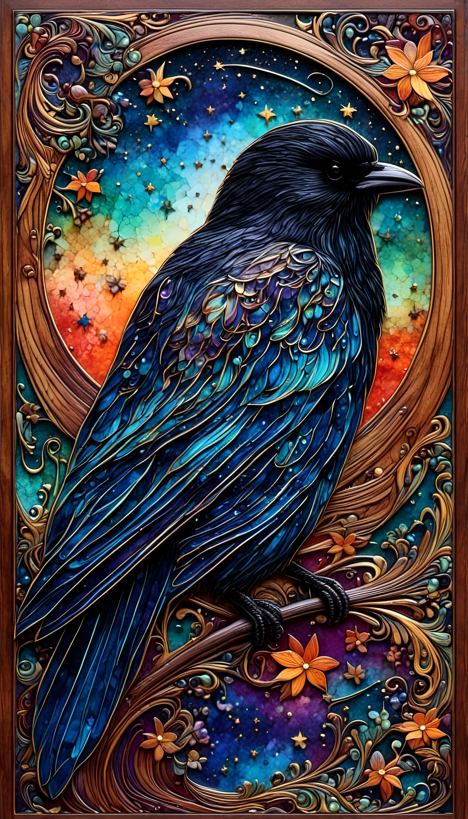 Marquetry Raven Among Mystical Stars