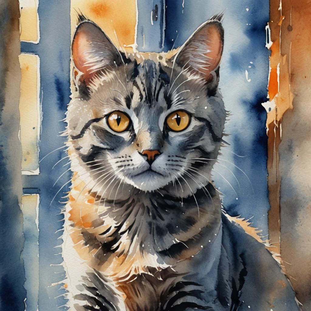 Grey Cat Portrait in Vibrant Watercolor