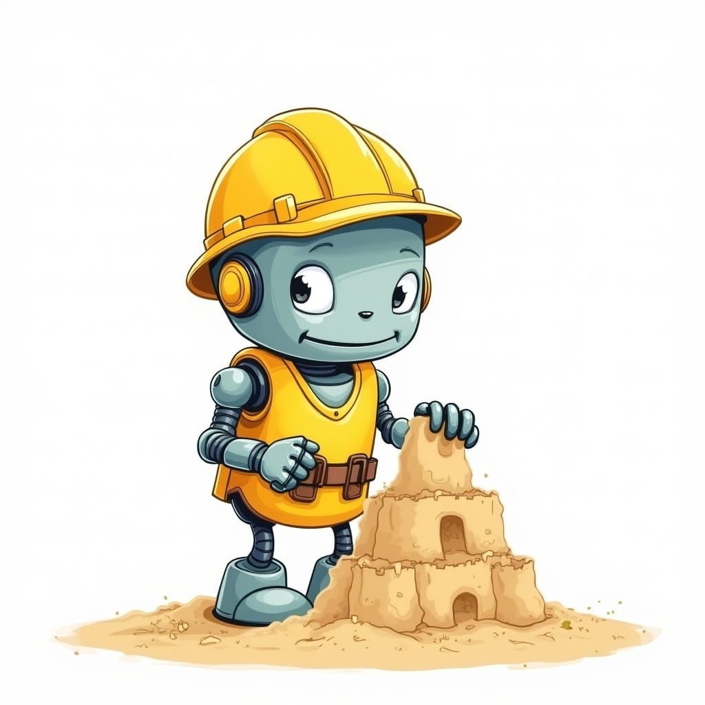 Friendly Robot Builds Sandcastle Line Art