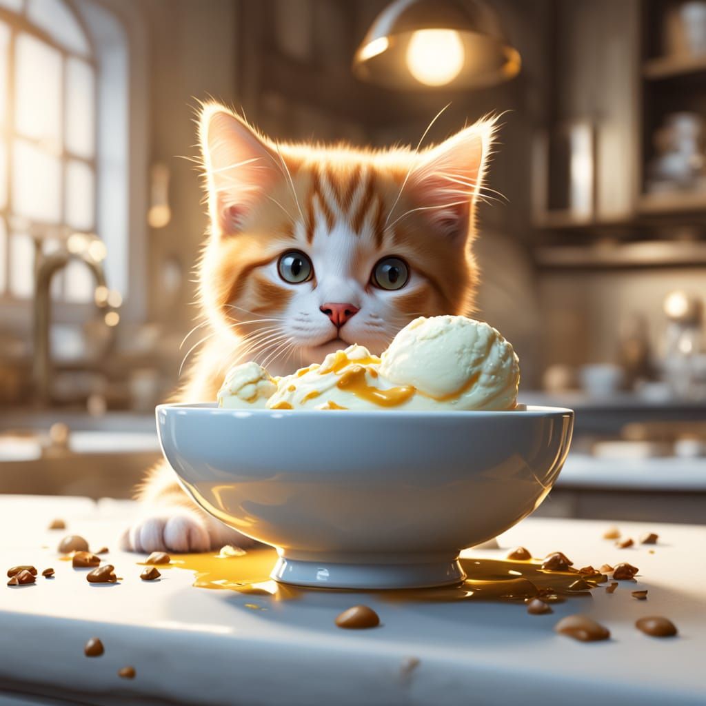 Calico Kittens Enjoying Ice Cream in Baroque Kitchen