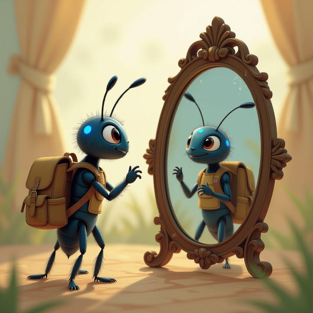 Ant with Blue Dot Contemplates Reflection