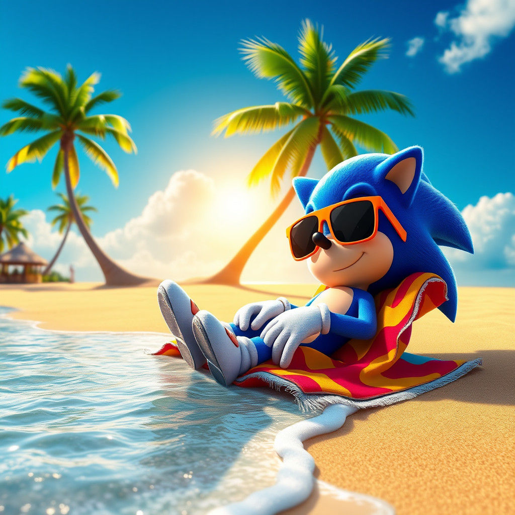 Sonic Sunbathing on a Beach, Detailed Matte Painting