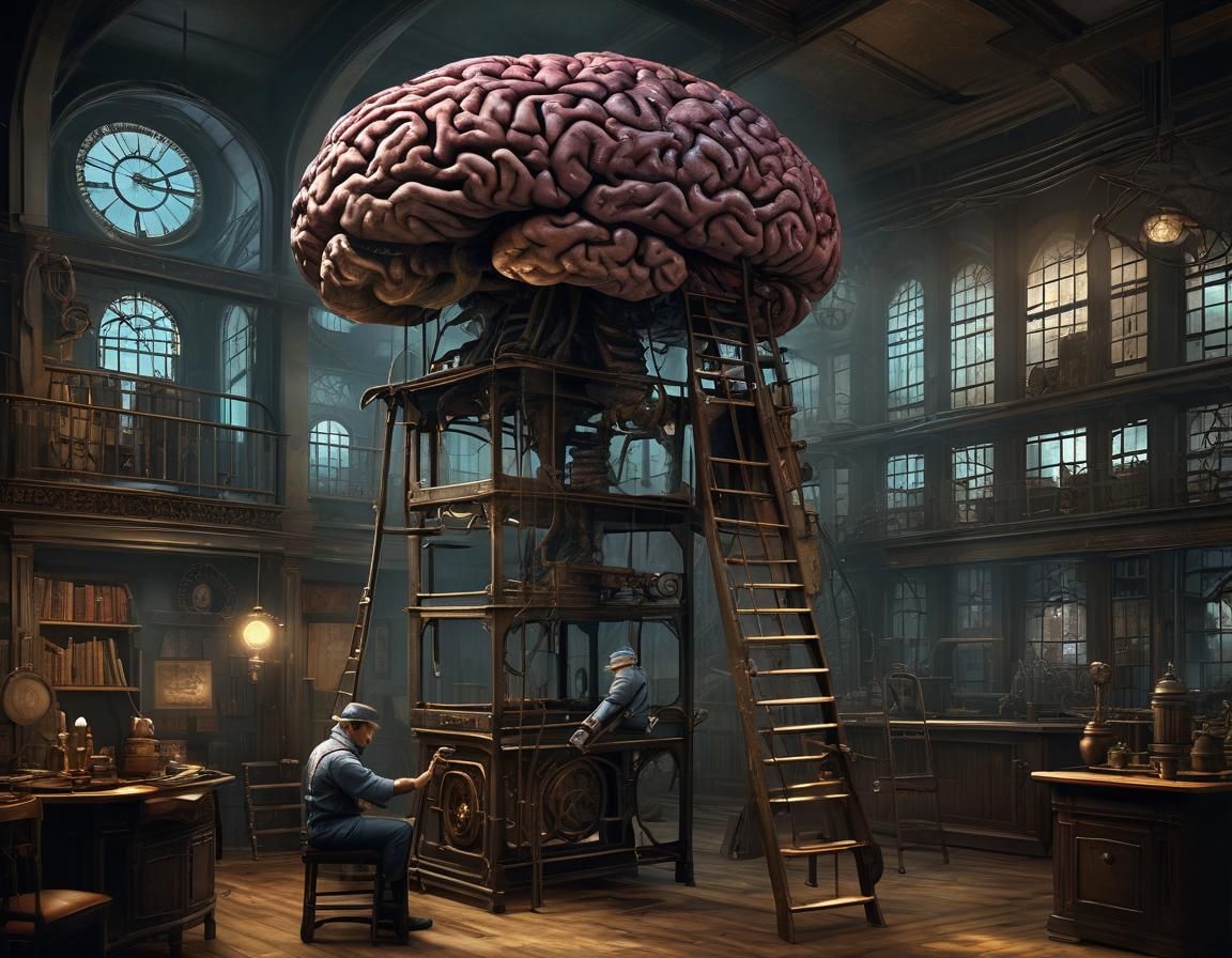 Steampunk Janitor Cleans Gigantic Brain: Surreal Illustratio...