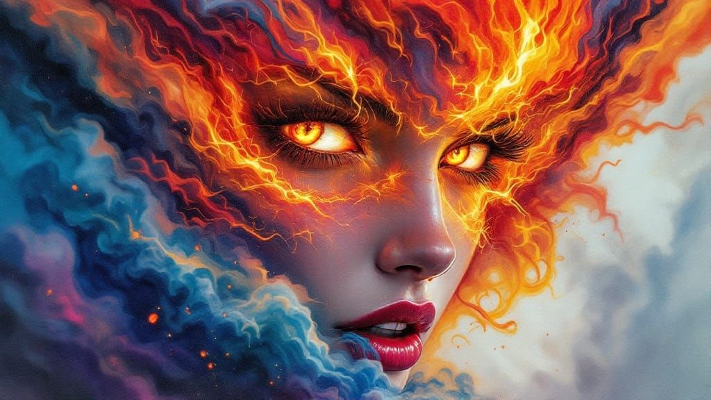 Surreal Portrait of a Woman in Fiery Turmoil, Watercolor Sty...