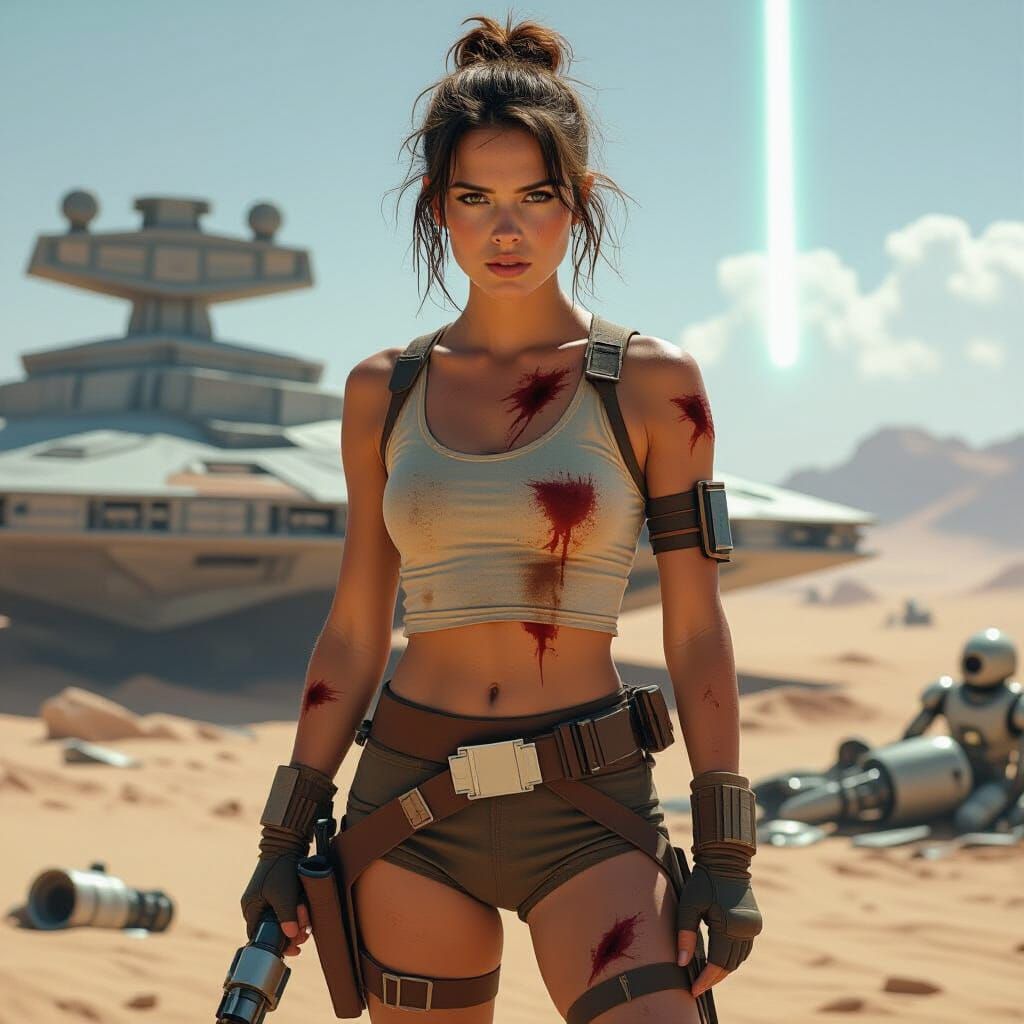 Rey the Scavenger in Sci-Fi Desert Landscape